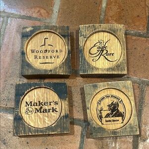 Coasters Made from Whiskey Barrel Set with Whiskey Logos